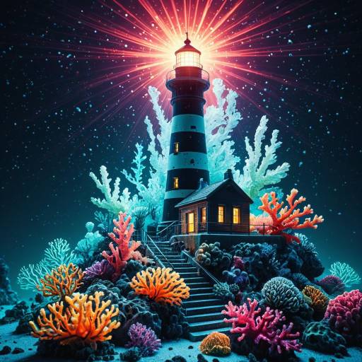 Surreal Coral Lighthouse with Radiant Light
