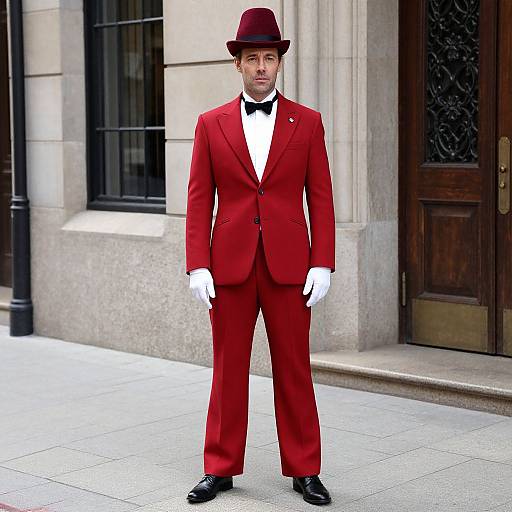 Photograph of a man in a vibrant red suit, black bow tie, white shirt, white gloves, and red fedora, standing on a stone