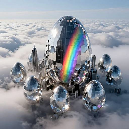 Digital artwork: A reflective silver sphere with a rainbow, surrounded by six smaller spheres, floating above a cityscape amidst fluffy clouds.