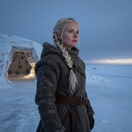 Photograph of a blonde woman with braided hair in a dark, fur-trimmed coat standing in a snowy landscape with a lit tent in the