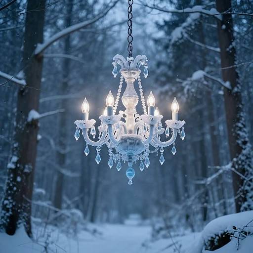 Photograph of a glowing, crystal chandelier hanging in a snowy forest, with five lit candles, surrounded by snow-covered trees.
