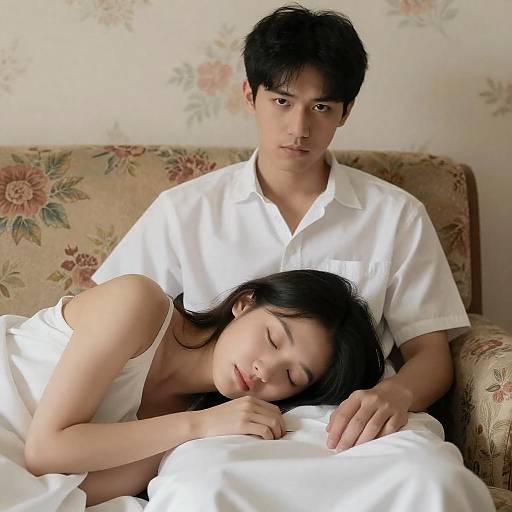 Serious Man With Woman on Floral Couch