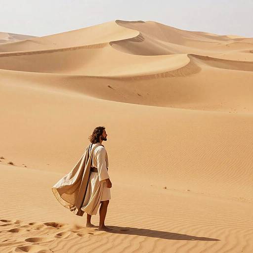 Photograph of a bearded man with dark hair, wearing a white tunic and beige cloak, standing in a vast, sunlit desert with rolling