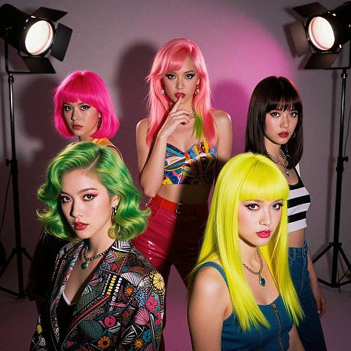 Photograph of five women with colorful hair and bold makeup, standing in front of studio lights. Bright pink, green, yellow, black, and pink