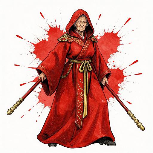Digital illustration of an elderly woman in a red hooded robe, holding two staffs, with a red bloodstain background.