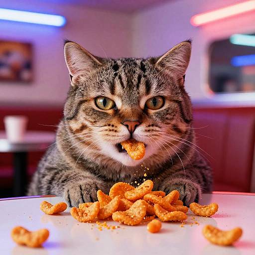 Whimsical Fat Cat Enjoying Cheetos