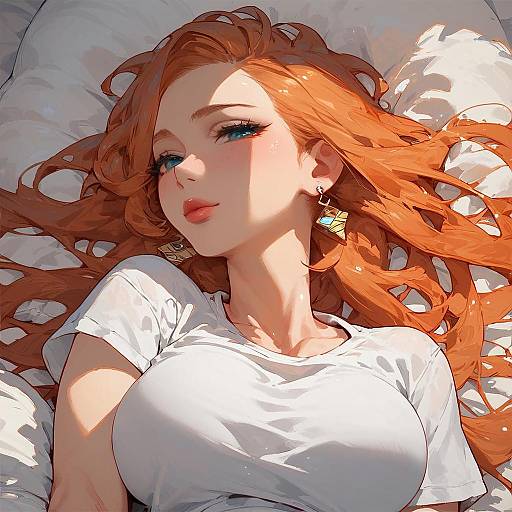 Digital anime-style portrait of a red-haired woman with blue eyes, lying on a white bed, wearing a white shirt, sunlight casting shadows.
