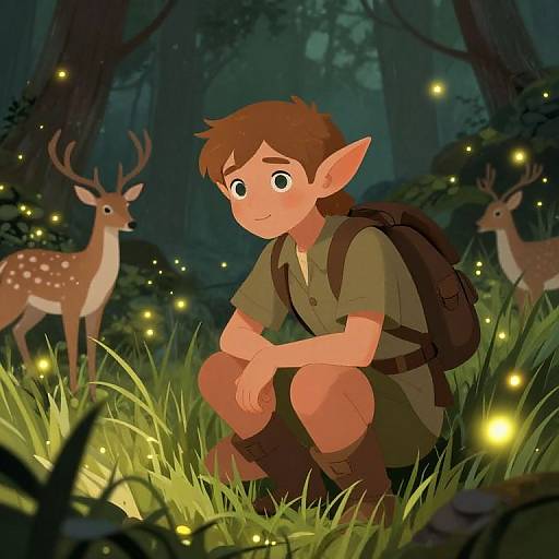 Digital illustration of a wide-eyed, brown-haired elf boy with large ears, green outfit, and backpack, crouching in a glowing forest with fire