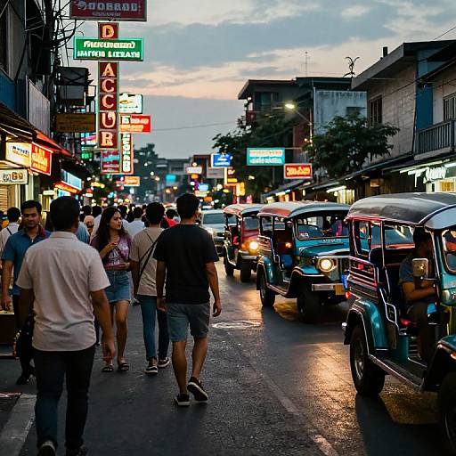Photograph of a bustling urban street at dusk in Thailand, crowded with pedestrians, tuk-tuks, and neon-lit shops, featuring colorful