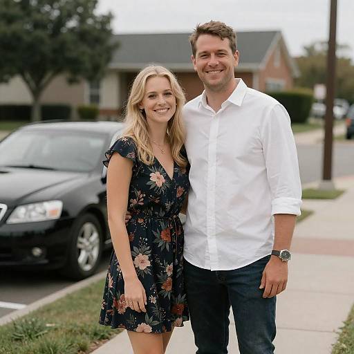 Smiling Couple on Grassy Sidewalk
