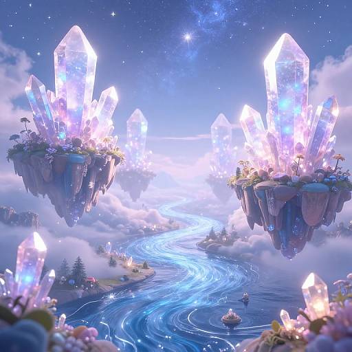 Fantastical CGI scene of glowing crystal islands with floating plants, surrounded by a swirling blue river under a starry night sky.