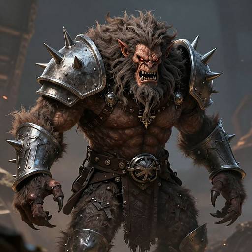 CGI digital artwork of a fierce, muscular werewolf warrior with red eyes, sharp teeth, and spiked armor, roaring in a dark, smoky