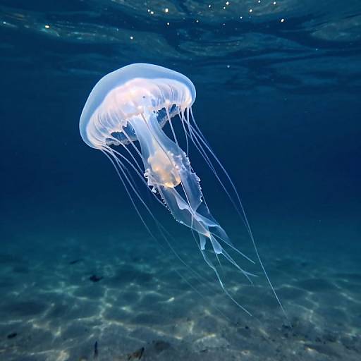 Photograph of a glowing, translucent jellyfish with long, flowing tentacles in a deep blue underwater environment, illuminating the dark ocean floor.