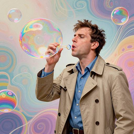 Photograph of a man with short brown hair, wearing a beige trench coat and blue shirt, blowing a colorful, iridescent bubble against a swirling