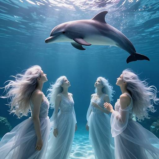 Photograph of three ethereal, blonde-haired women in flowing white dresses, underwater, gazing at a dolphin swimming above them, illuminated by sunlight.