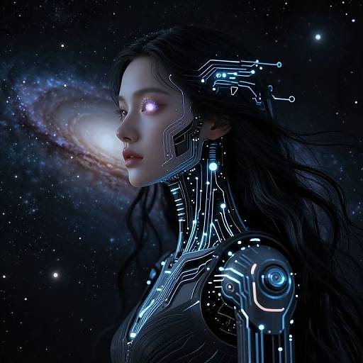 Digital art of a cybernetic woman with glowing circuitry, long black hair, and a luminous galaxy background in deep space.
