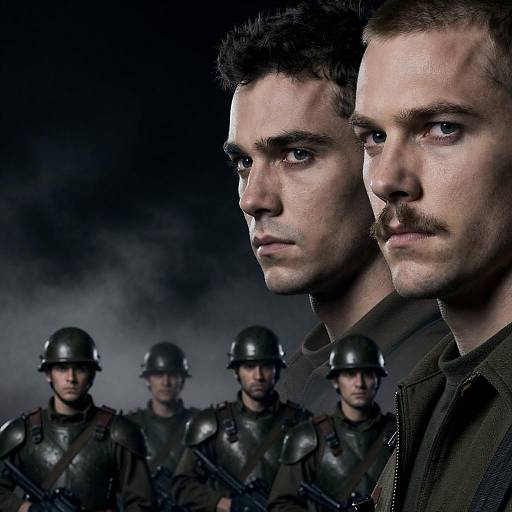 Serious men and armored soldiers in foggy setting