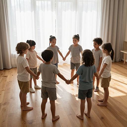 Photograph of seven young children holding hands in a circle on a sunlit wooden floor, standing before white-curtained windows.