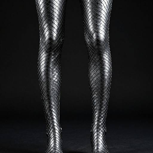 Photograph of shiny, silver, textured, interwoven legs against a dark black background, creating a high-contrast, futuristic visual effect.