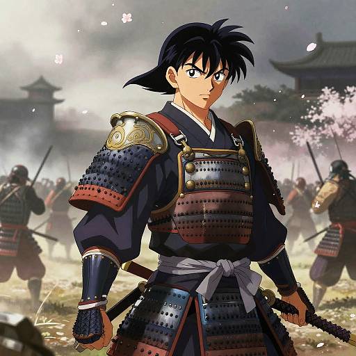 Anime-style drawing of a determined samurai with black hair, wearing detailed armor, holding a sword, surrounded by fellow samurai in a misty,