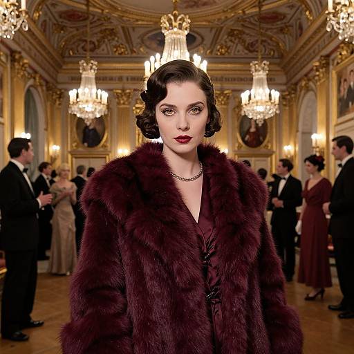 Photograph-style CGI of a 1940s-inspired woman with dark, wavy hair, red lips, and deep burgundy fur coat, standing