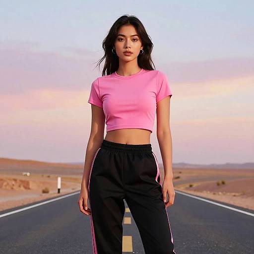 Photograph of a young Asian woman with long black hair, wearing a pink crop top and black pants, standing on a desert road at sunset.