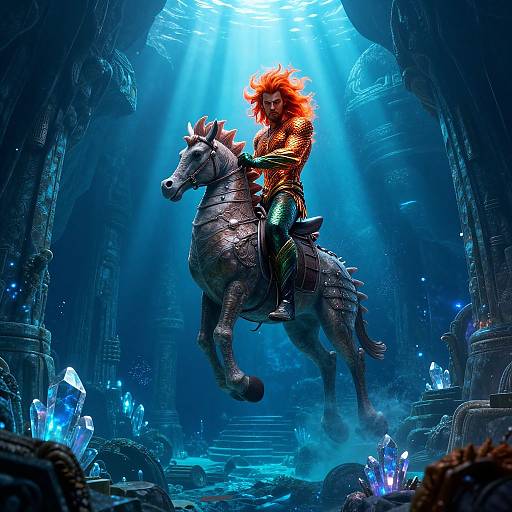 Digital artwork of a fiery-haired woman with glowing red outfit riding a spiked, gray horse amidst a blue-lit, crystal-filled cavern.