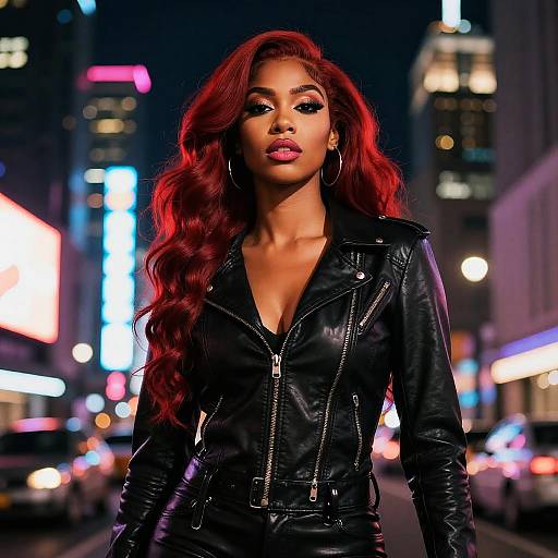 Photograph of a confident, dark-skinned woman with long, wavy red hair, wearing a black leather jacket, standing in a neon-lit