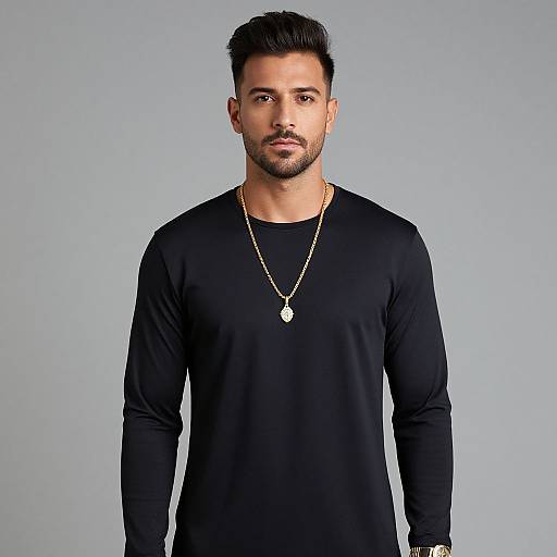 Photograph of a handsome, bearded man with dark hair, wearing a black long-sleeve shirt and a gold necklace with a circular pendant,