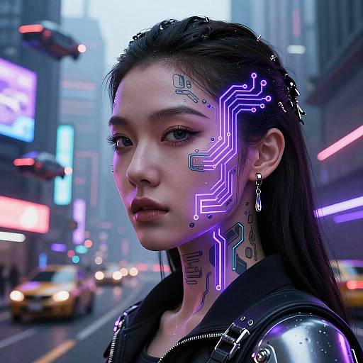 Cyberpunk Female Portrait with Neon Circuitry