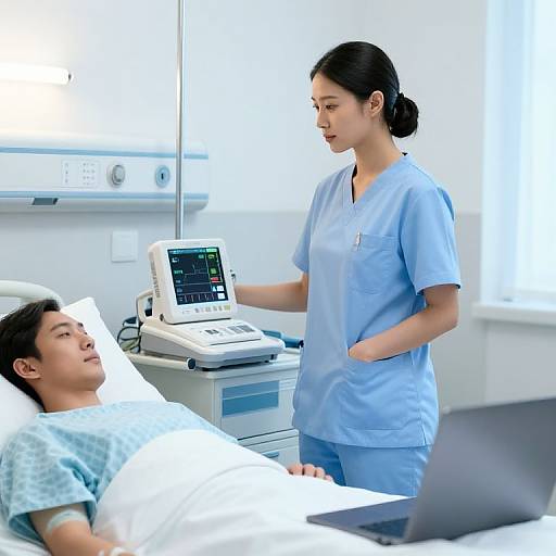 Photograph of an Asian female nurse in light blue scrubs, monitoring patient's vital signs on machine beside his hospital bed.