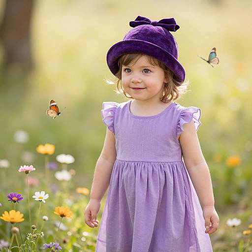 Photograph of a smiling young girl in a purple dress and matching hat, standing in a sunlit meadow with colorful flowers and butterflies.