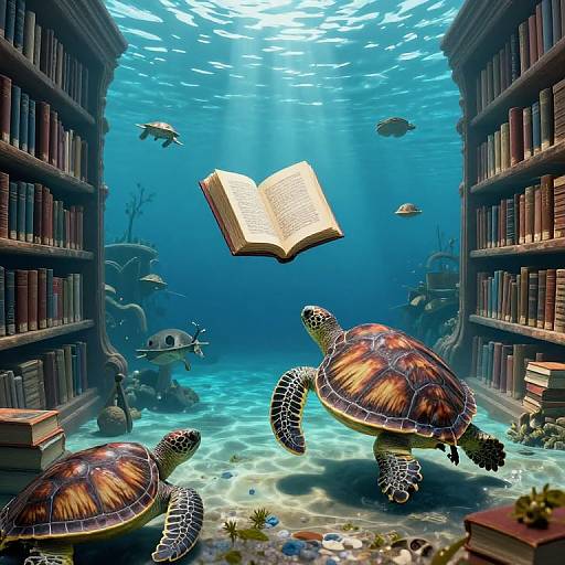 Digital art: Underwater library scene with three vibrant sea turtles swimming around glowing books and an open book, surrounded by fish and sunlight filtering through the water