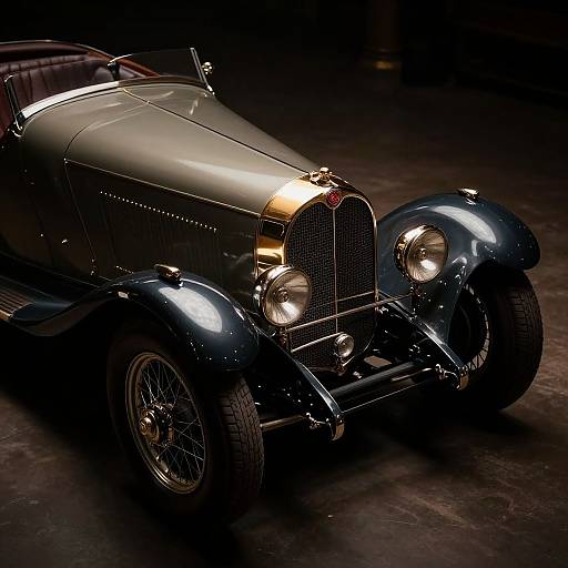 Photograph of a vintage, dark blue classic car with a shiny chrome grille, round headlights, and wire-spoke tires, illuminated against a dark background