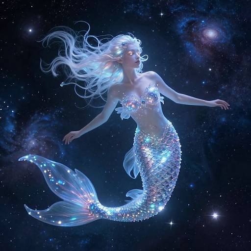 Digital art of a glowing, ethereal mermaid with flowing white hair and sparkling blue and white scales, floating in a star-filled, cosmic background.
