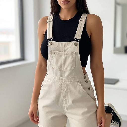 Photograph of a young woman with long dark hair, wearing white overalls over a black tank top, standing in a brightly lit room with large windows