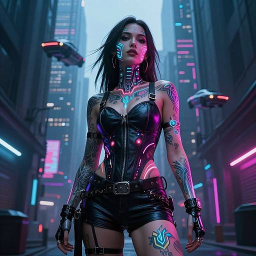 Cyberpunk woman with glowing tattoos, black leather outfit, and neon lights in futuristic city street. Digital art, vibrant colors, dark urban background.