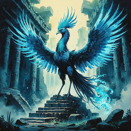 Bioluminescent Phoenix in Ancient Ruins