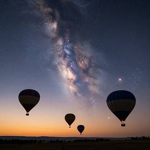 Photograph of three silhouetted hot air balloons against a twilight sky, with the Milky Way galaxy prominently visible above.