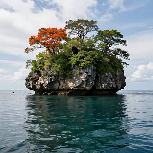 Lush Rocky Islet with Underwater Reflection