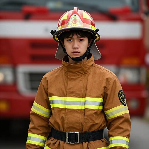 Photograph of an Asian male firefighter in brown uniform with yellow stripes, red helmet, standing in front of a red fire truck.