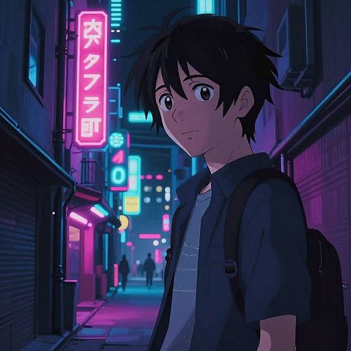 Neon-lit anime street scene: shy, young man with black hair and backpack stands under colorful Japanese signs at night. Digital art.