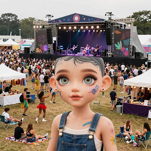 Photorealistic digital art of a wide-eyed, freckled child with short black hair, denim overalls, and butterfly tattoos, in a vibrant
