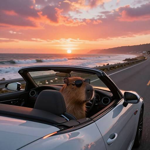 Photograph of a brown dog with sunglasses in a white convertible, driving on a coastal road during a vibrant sunset.