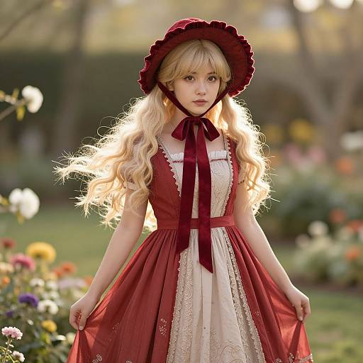 Photograph of a blonde girl with long curly hair in a Victorian-style red and cream dress, maroon ribbon, and matching bonnet, standing in