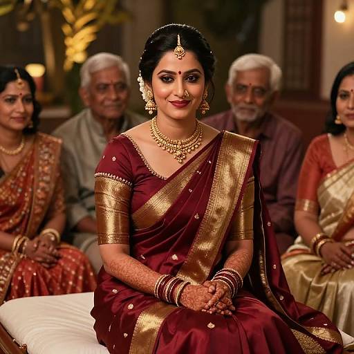 Photograph of a South Asian bride in a maroon and gold traditional saree, adorned with jewelry, sitting among elderly relatives in a warmly lit room