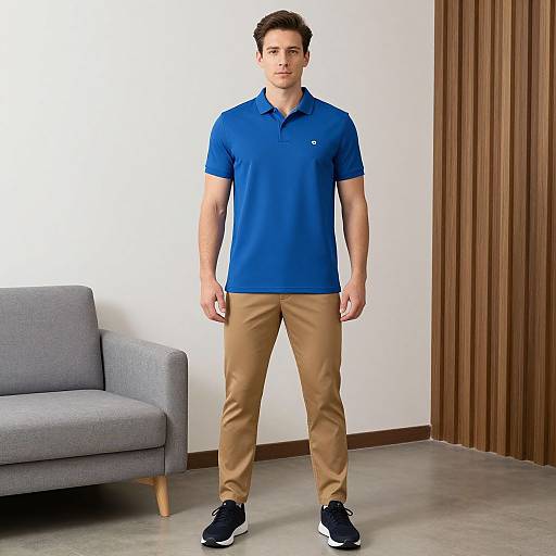 Photograph of a young man with short brown hair, wearing a blue polo shirt, beige pants, and black sneakers, standing in a modern room with