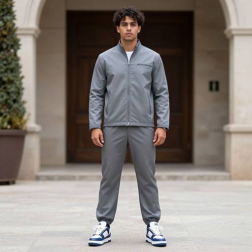 Photograph of a young man with curly black hair, medium build, wearing gray tracksuit and white sneakers, standing in front of a stone building with