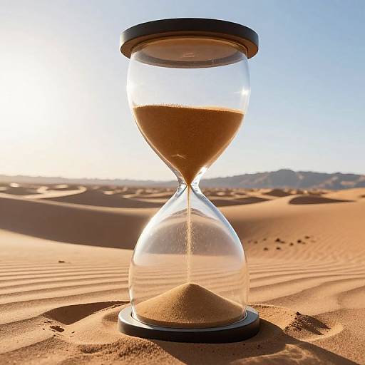 Photograph of a glass hourglass with sand, standing on a sunlit desert dune, casting shadows, under a clear blue sky.