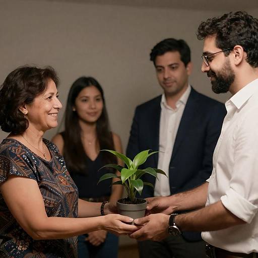 Woman Receiving Potted Plant Gift Indoors